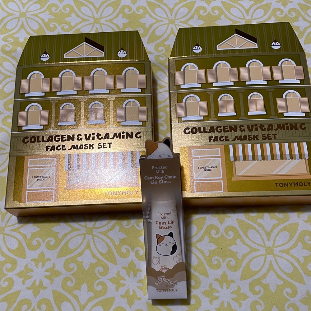 TONYMOLY Collagen & Vitamin C Face Mask Bundle Plus Keychain Lip Gloss NIP